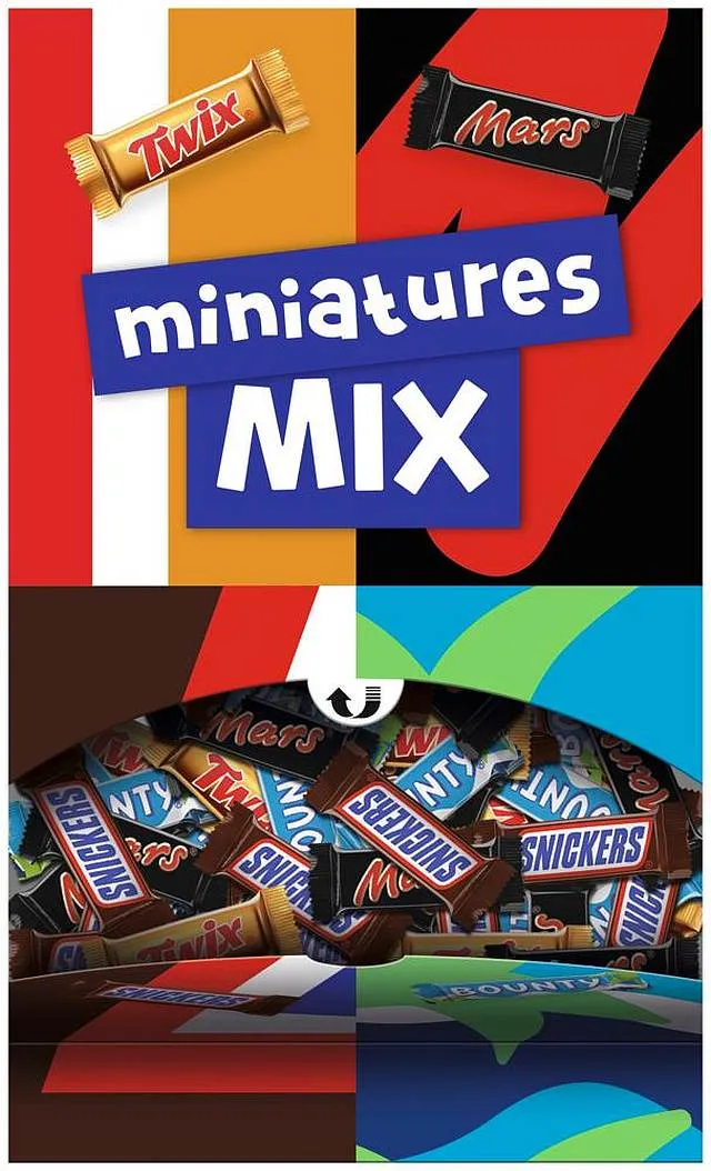 Mars Miniatures Mix 3kg mit Mini-Schokoriegeln Twix, Mars, Snickers und Bounty im Thekendisplay, erhältlich bei CaterPoint.de