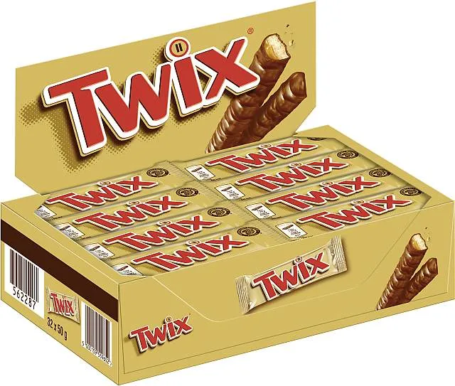 Twix Thekendisplay von Mars mit 32 Doppelriegeln à 50 g in goldener Verkaufsbox
