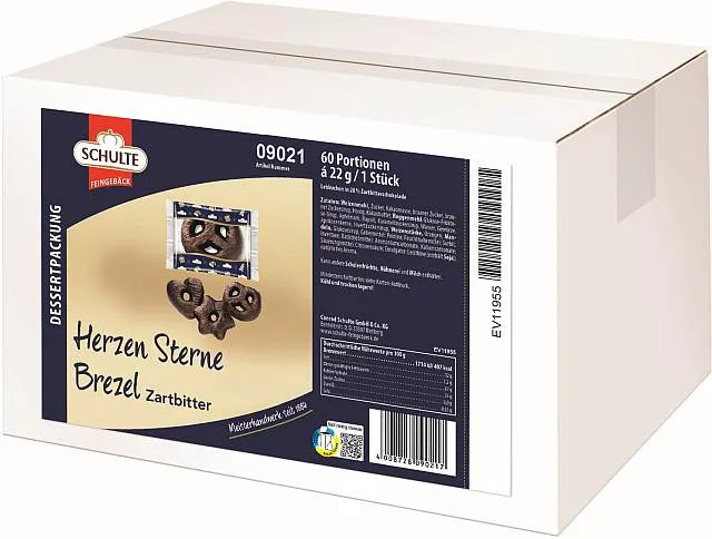 Schulte Herzen-Sterne-Brezel 60er im Karton, Lebkuchen mit Zartbitterschokolade für Gastronomie