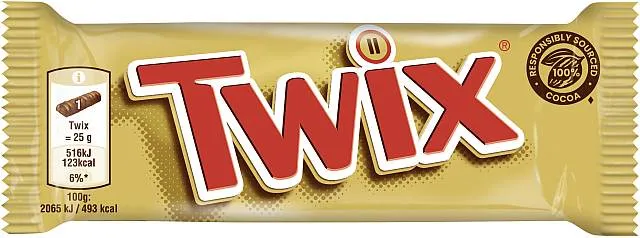 Twix Doppelriegel 50g im Thekendisplay von Mars, Keks mit Karamell und Vollmilchschokolade